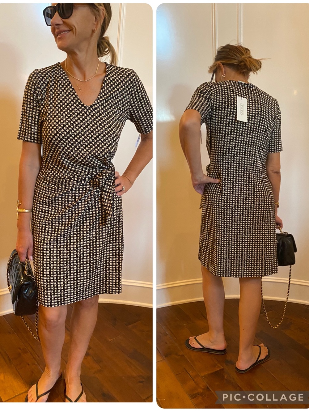 Black & White Geometric Wrap-Style Midi Dress